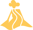 Yellow icon of a volcano erupting near a hotel, with lava flowing and a cloud above.
