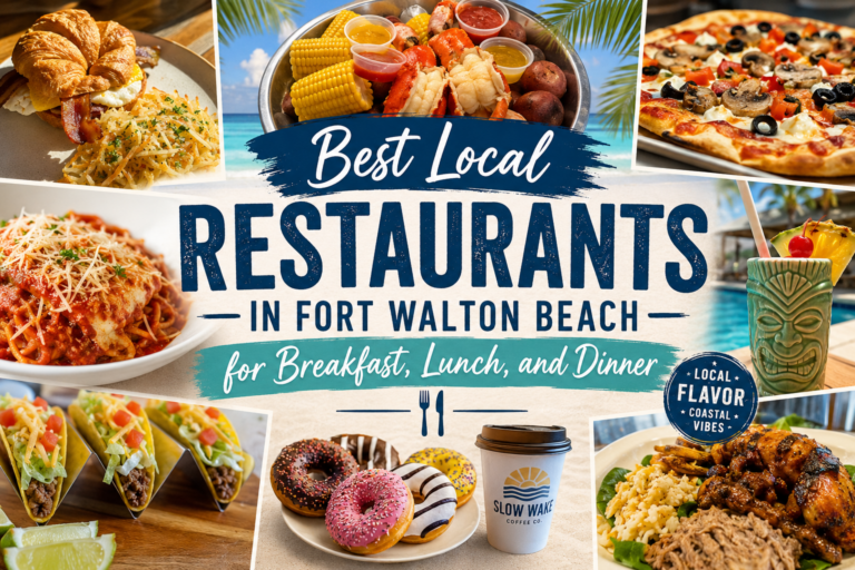 Featured image showcasing popular local restaurants and food in Fort Walton Beach FL including seafood, pizza, tacos, coffee, breakfast, and coastal dining options.