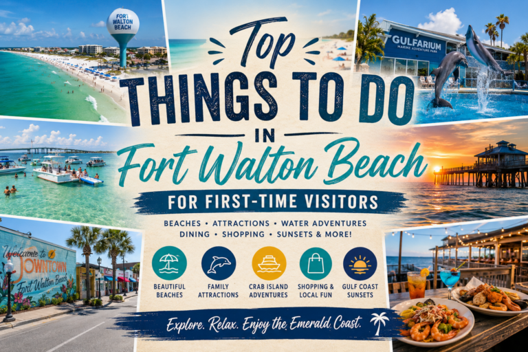 Featured image showcasing top things to do in Fort Walton Beach FL including Okaloosa Island beaches, Crab Island, Gulfarium, waterfront dining, sunsets, and local attractions.