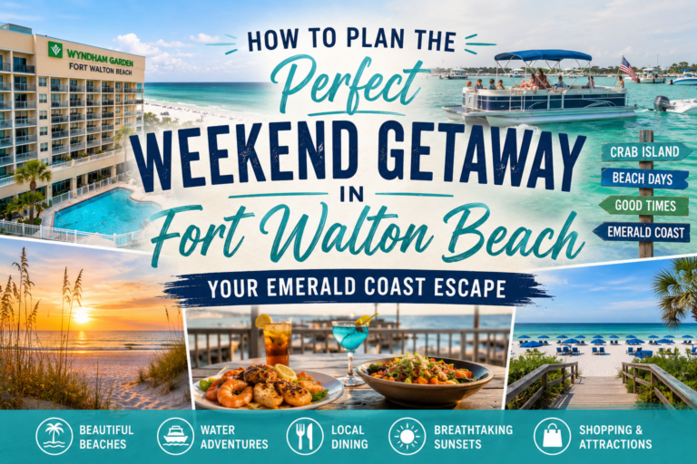 Featured image highlighting a weekend getaway in Fort Walton Beach FL including beaches, boating, waterfront dining, sunsets, and Emerald Coast attractions.