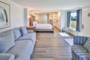 Spacious, bright penthouse studio with a bed, sofa, kitchenette, and large window.