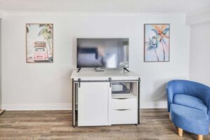 A TV on a white cabinet, palm art nearby, blue chair right—beach vibes throughout.